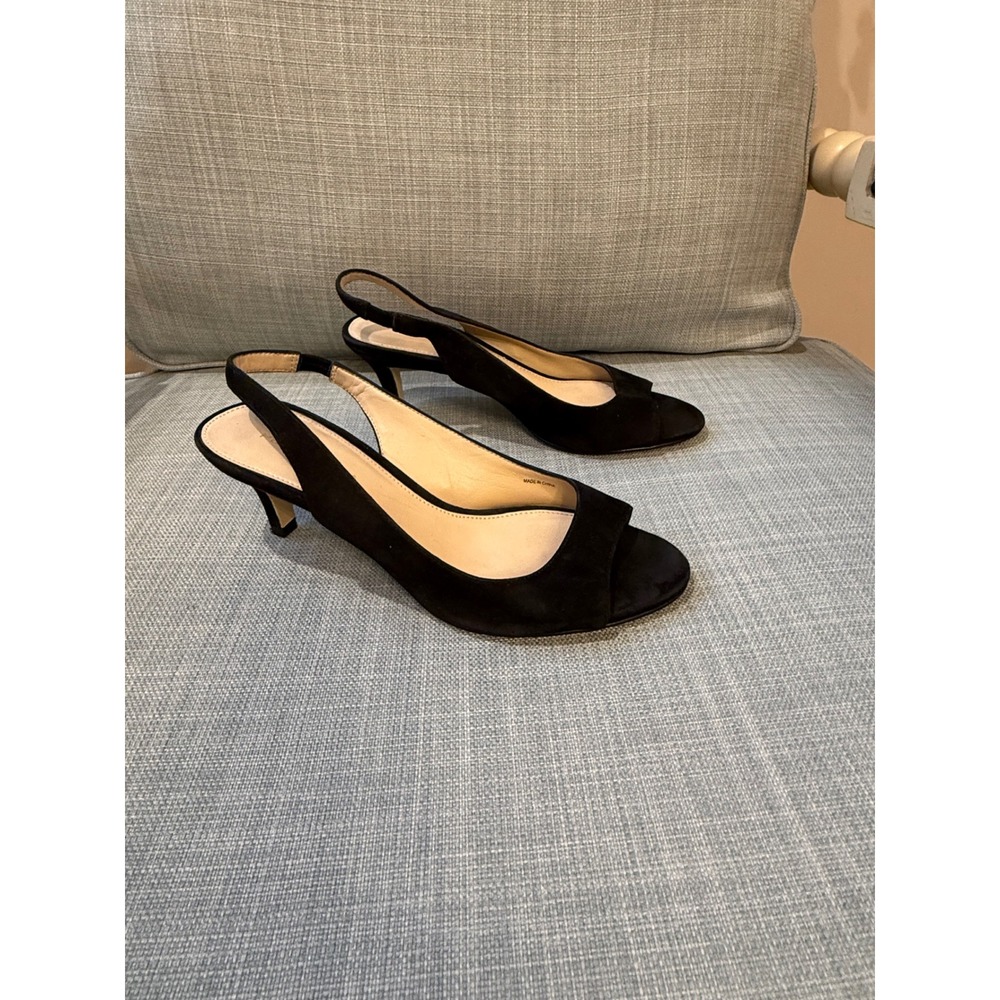 Pelle Moda Black Suede Peep Toe Slingback Kitten Heels Size 6M Leather Sole